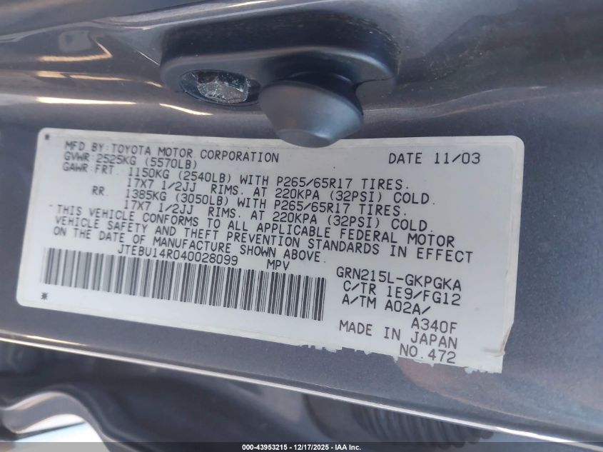 2004 Toyota 4Runner Sr5 V6 VIN: JTEBU14R040028099 Lot: 43953215
