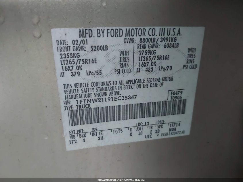 2001 Ford F-250 Lariat/Xl/Xlt VIN: 1FTNW21L91EC35347 Lot: 43953220