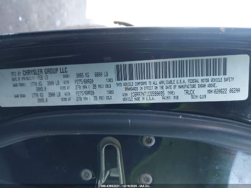 2013 Ram 1500 Laramie VIN: 1C6RR7NT1DS599095 Lot: 43953221