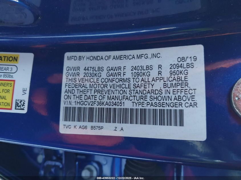 2019 Honda Accord Sport 2.0T VIN: 1HGCV2F36KA034051 Lot: 43953222