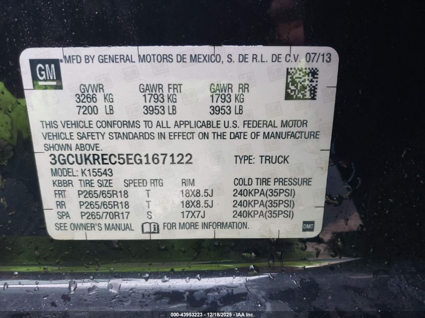 2014 Chevrolet Silverado 1500 2Lt VIN: 3GCUKREC5EG167122 Lot: 43953223