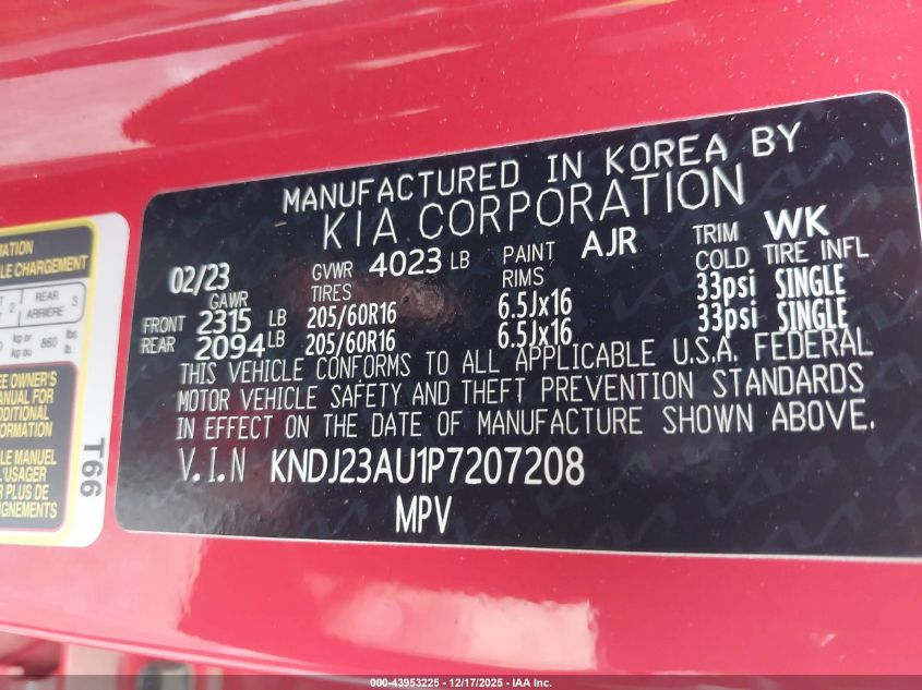 2023 Kia Soul Lx VIN: KNDJ23AU1P7207208 Lot: 43953225