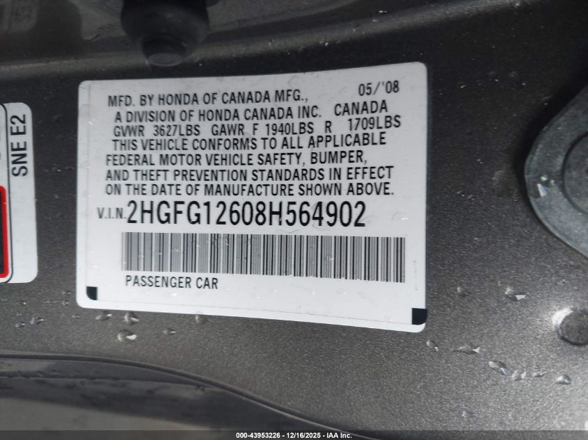 2008 Honda Civic Lx VIN: 2HGFG12608H564902 Lot: 43953226