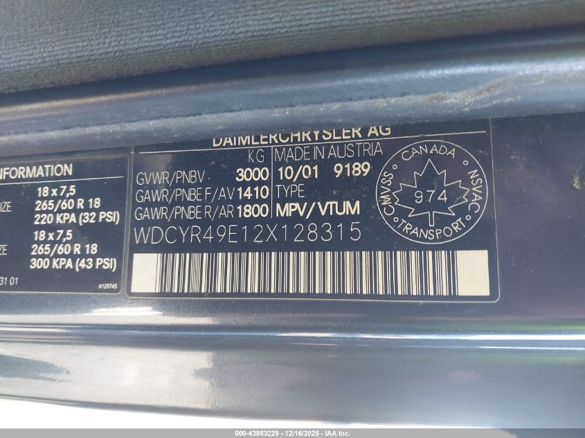 2002 Mercedes-Benz G 500 VIN: WDCYR49E12X128315 Lot: 43953229