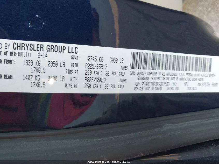 2014 Chrysler Town & Country Touring VIN: 2C4RC1BG9ER317593 Lot: 43953232