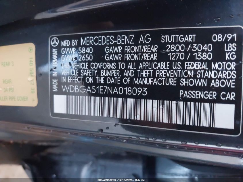 1992 Mercedes-Benz 500 Sel VIN: WDBGA51E7NA018093 Lot: 43953233