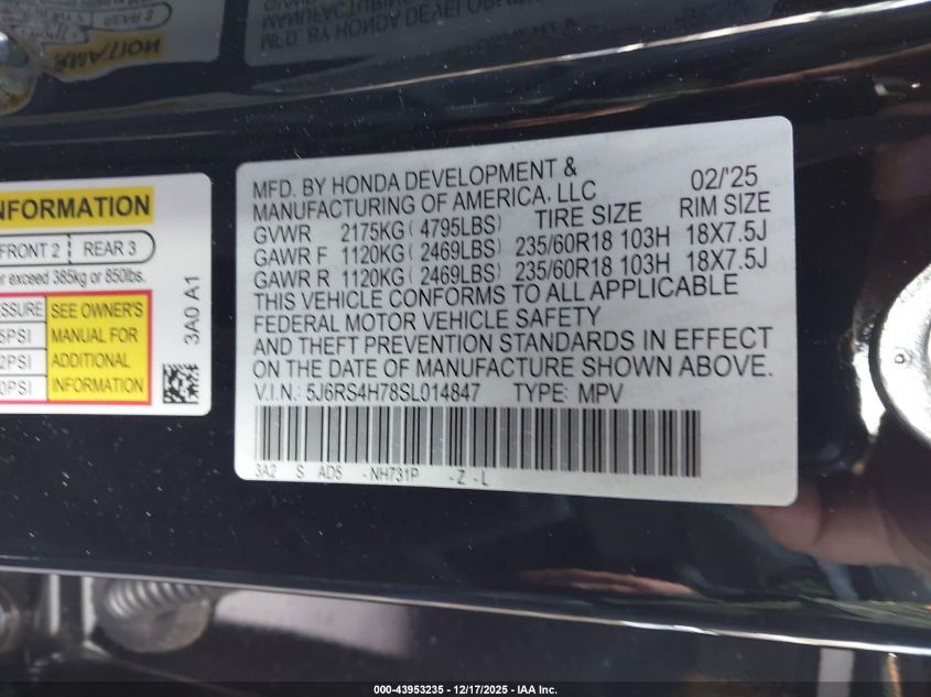 2025 Honda Cr-V Ex-L Awd VIN: 5J6RS4H78SL014847 Lot: 43953235