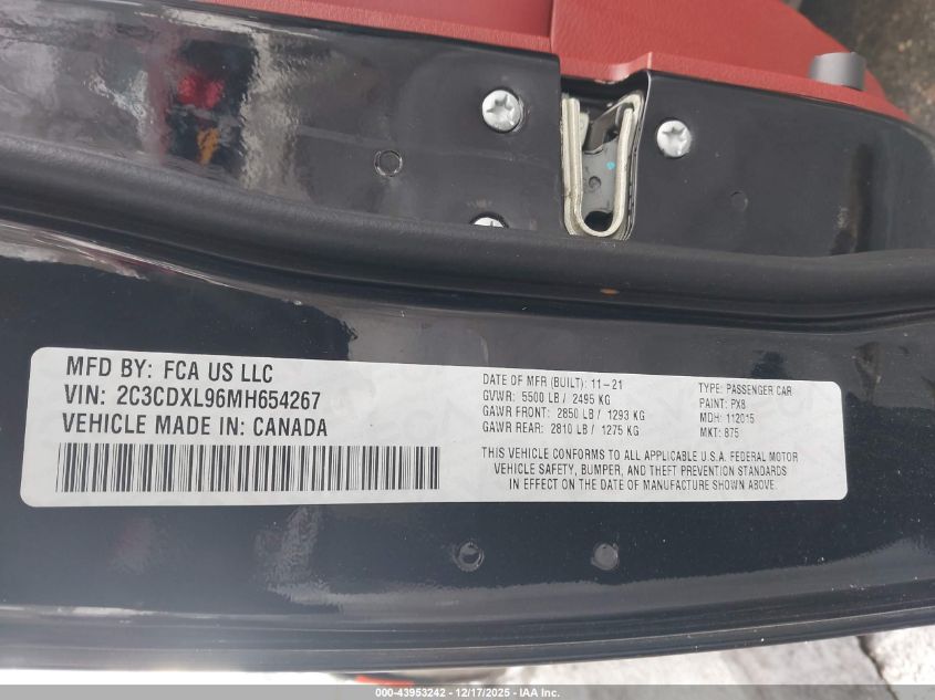 2021 Dodge Charger Srt Hellcat Redeye Widebody Rwd VIN: 2C3CDXL96MH654267 Lot: 43953242