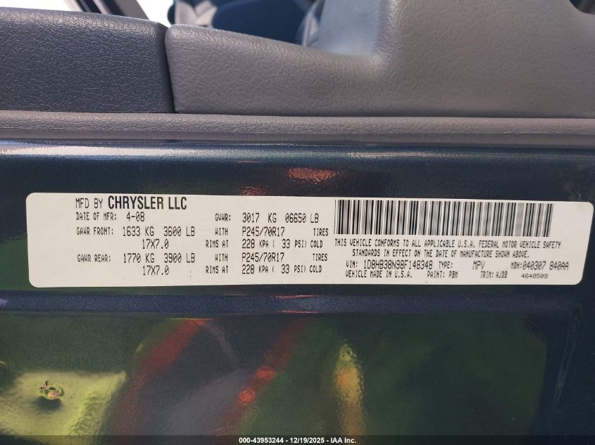 2008 Dodge Durango Sxt VIN: 1D8HB38N98F148348 Lot: 43953244