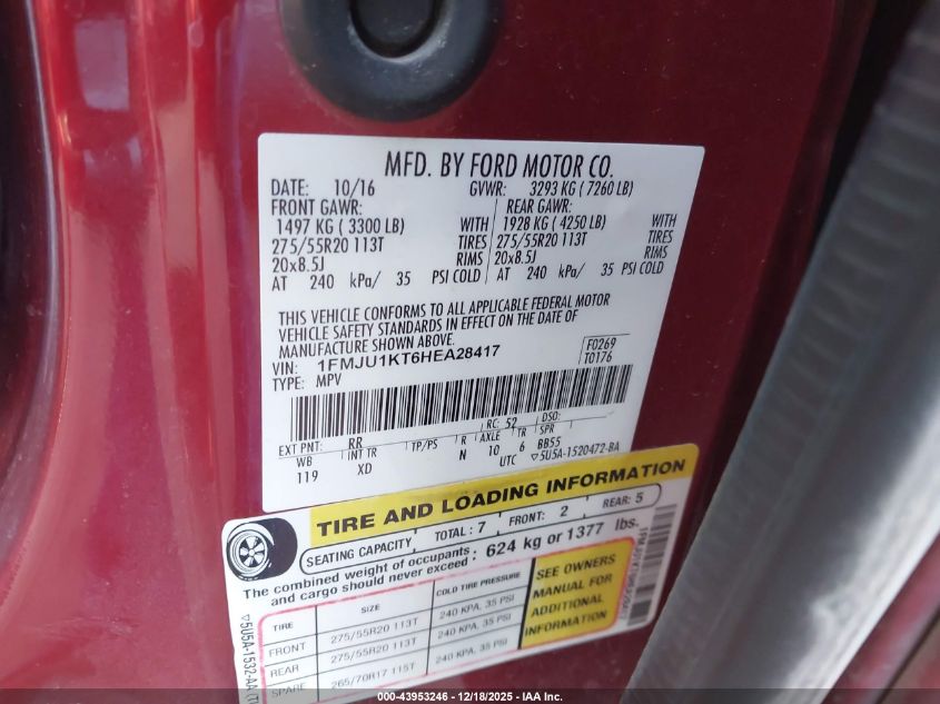 2017 Ford Expedition Limited VIN: 1FMJU1KT6HEA28417 Lot: 43953246