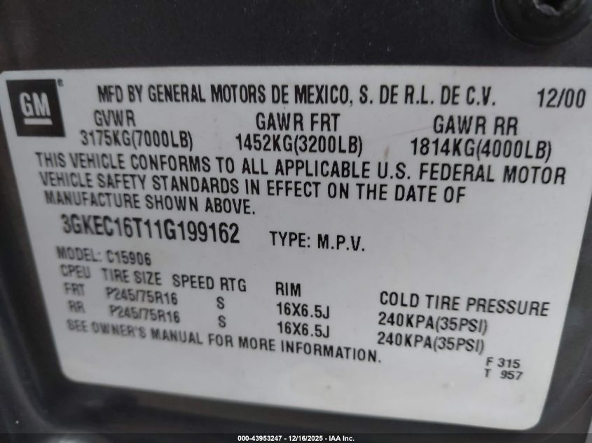 2001 GMC Yukon Xl 1500 Slt VIN: 3GKEC16T11G199162 Lot: 43953247