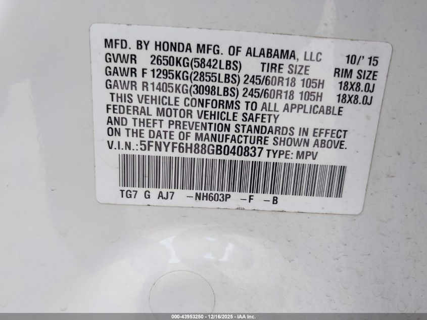 2016 Honda Pilot Ex-L VIN: 5FNYF6H88GB040837 Lot: 43953250