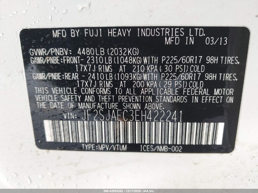 2014 Subaru Forester 2.5I Premium VIN: JF2SJAEC3EH422241 Lot: 43953252