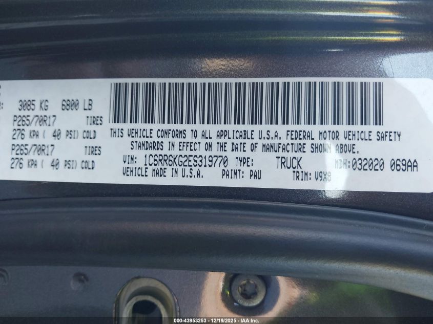 2014 Ram 1500 Tradesman VIN: 1C6RR6KG2ES319770 Lot: 43953253