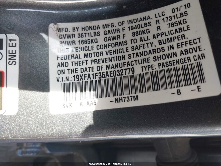 2010 Honda Civic Vp VIN: 19XFA1F36AE032779 Lot: 43953254