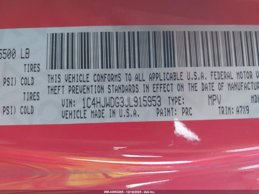 2018 Jeep Wrangler Jk Unlimited Sport S 4X4 VIN: 1C4HJWDG3JL915953 Lot: 43953255