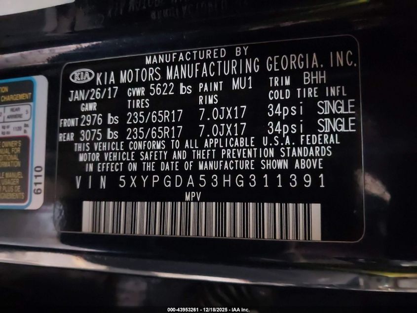 2017 Kia Sorento 3.3L Lx VIN: 5XYPGDA53HG311391 Lot: 43953261