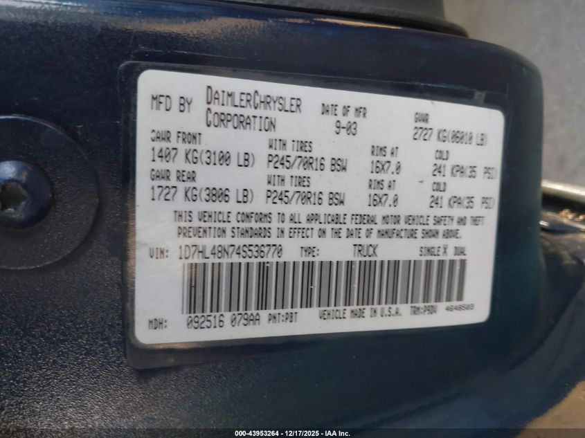 2004 Dodge Dakota Slt VIN: 1D7HL48N74S536770 Lot: 43953264