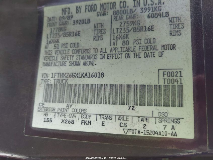 1990 Ford F250 VIN: 1FTHX26GXLKA16018 Lot: 43953265
