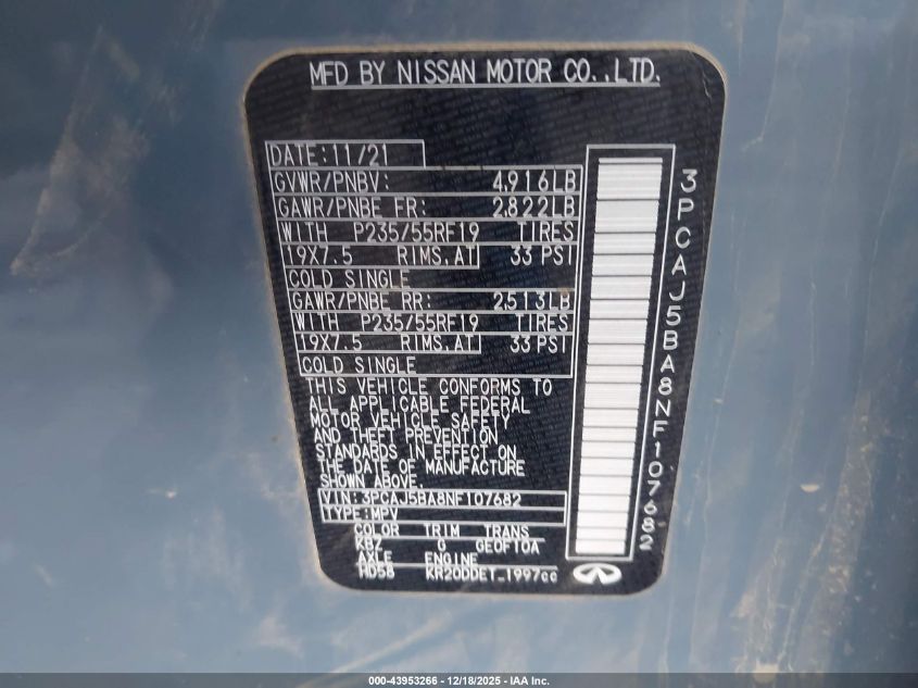 2022 Infiniti Qx50 Luxe VIN: 3PCAJ5BA8NF107682 Lot: 43953266