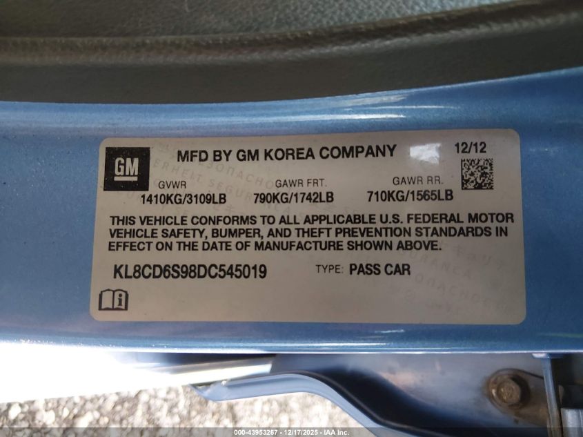 2013 Chevrolet Spark 1Lt Auto VIN: KL8CD6S98DC545019 Lot: 43953267