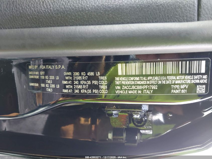 2017 Jeep Renegade Trailhawk 4X4 VIN: ZACCJBCB8HPF17992 Lot: 43953271