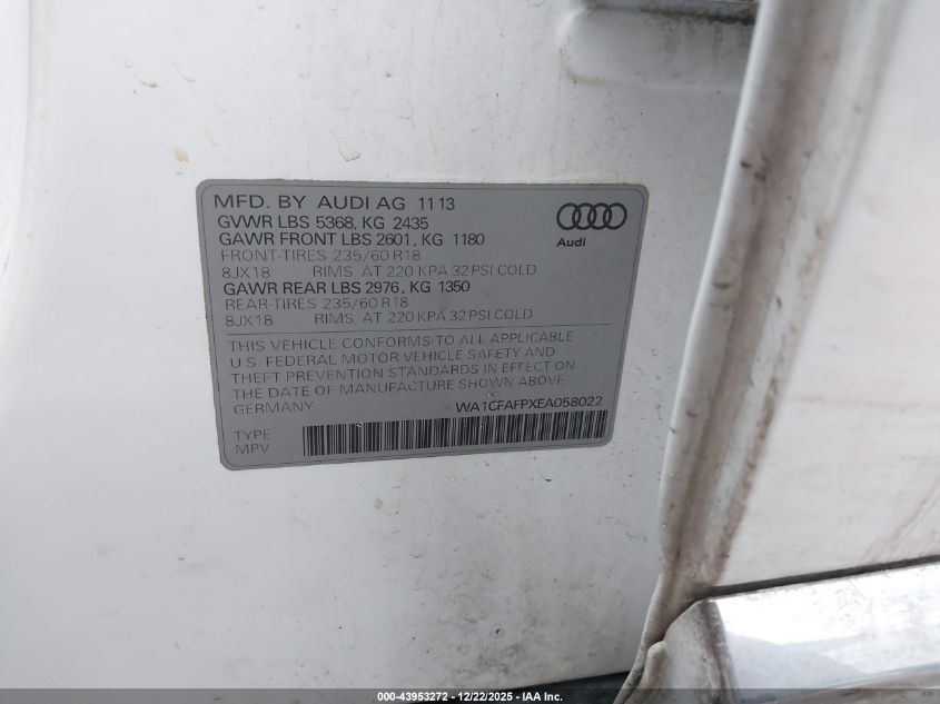 2014 Audi Q5 2.0T Premium VIN: WA1CFAFPXEA058022 Lot: 43953272