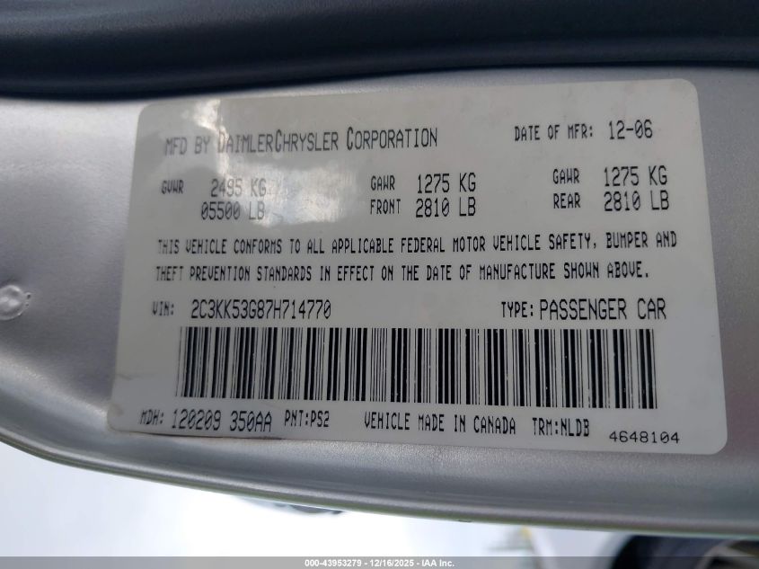 2007 Chrysler 300 Touring VIN: 2C3KK53G87H714770 Lot: 43953279