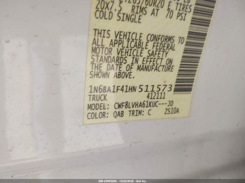 2017 Nissan Titan Xd Sl Diesel VIN: 1N6BA1F41HN511573 Lot: 43953280