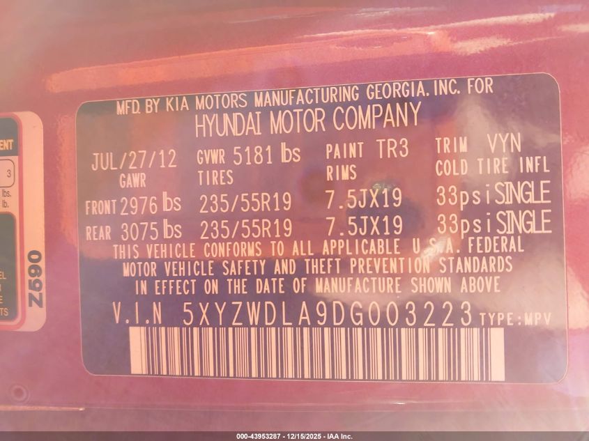 2013 Hyundai Santa Fe Sport 2.0T VIN: 5XYZWDLA9DG003223 Lot: 43953287