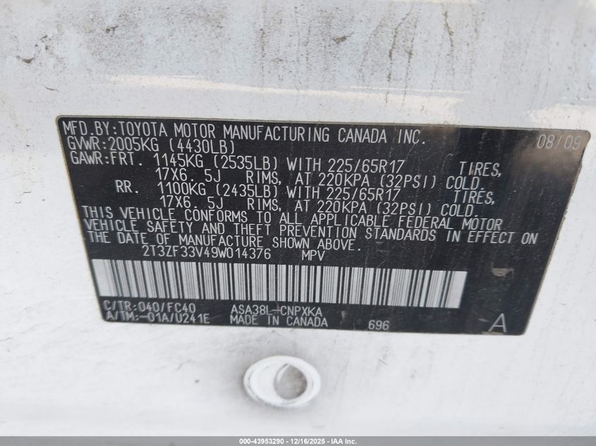 2009 Toyota Rav4 VIN: 2T3ZF33V49W014376 Lot: 43953290