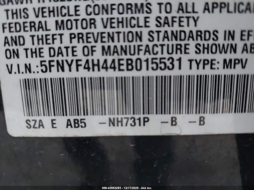 2014 Honda Pilot Ex VIN: 5FNYF4H44EB015531 Lot: 43953293