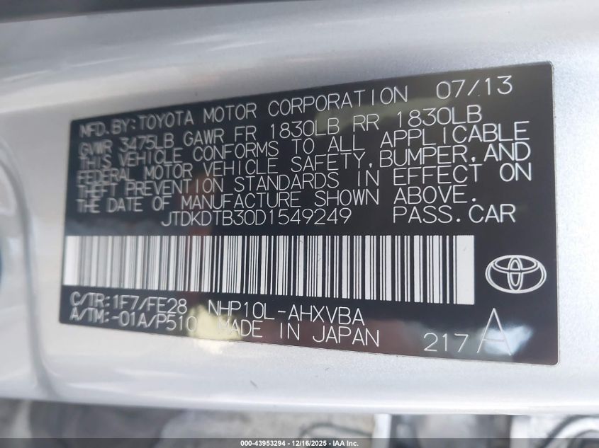 2013 Toyota Prius C One VIN: JTDKDTB30D1549249 Lot: 43953294