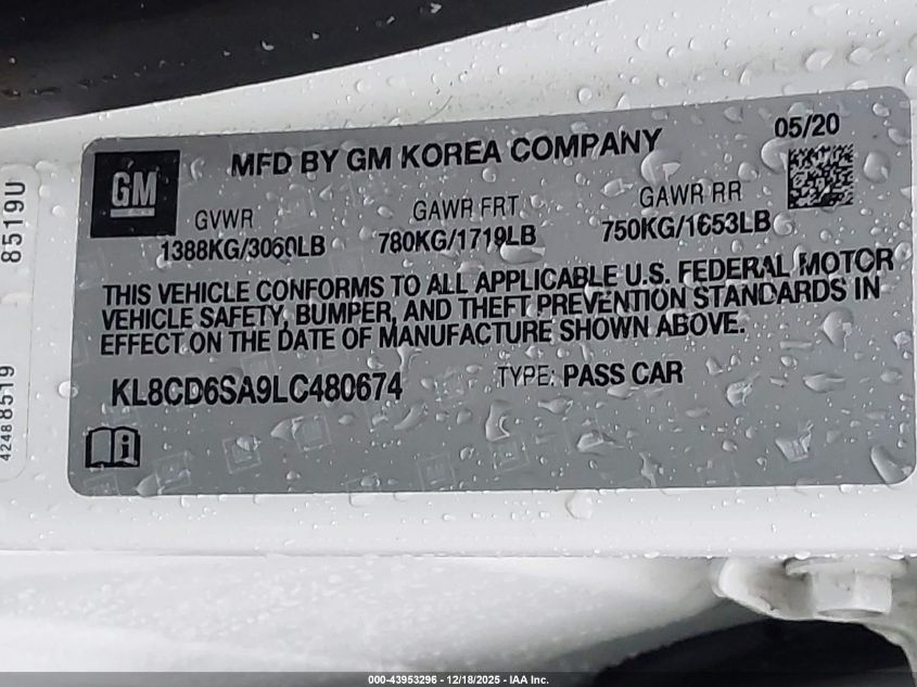 2020 Chevrolet Spark Fwd 1Lt Automatic VIN: KL8CD6SA9LC480674 Lot: 43953296