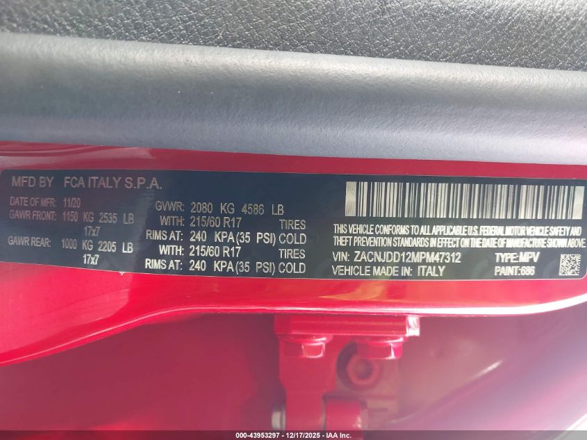 2021 Jeep Renegade Limited 4X4 VIN: ZACNJDD12MPM47312 Lot: 43953297