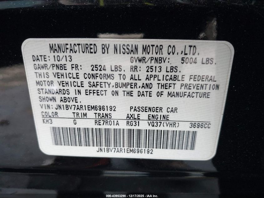 2014 Infiniti Q50 Premium VIN: JN1BV7AR1EM696192 Lot: 43953298