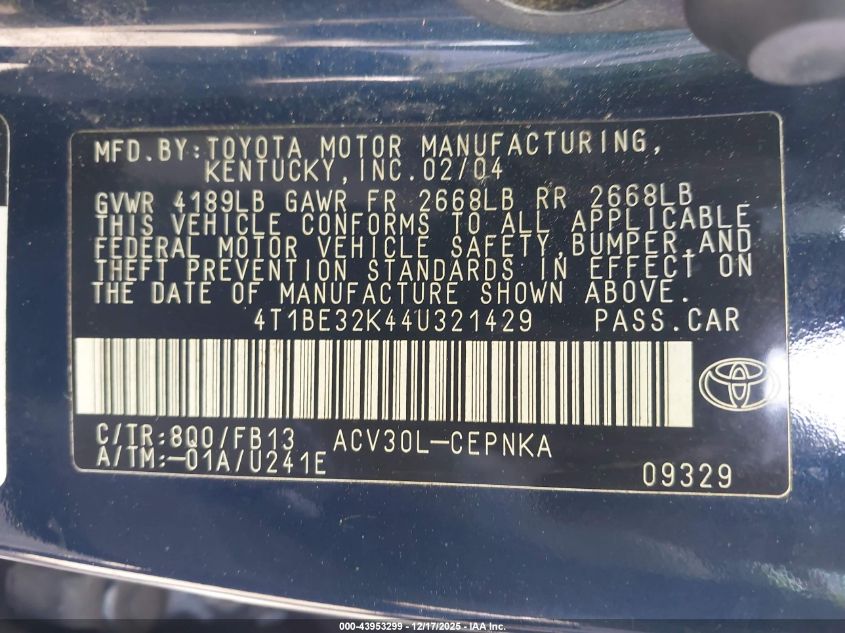 2004 Toyota Camry Le VIN: 4T1BE32K44U321429 Lot: 43953299