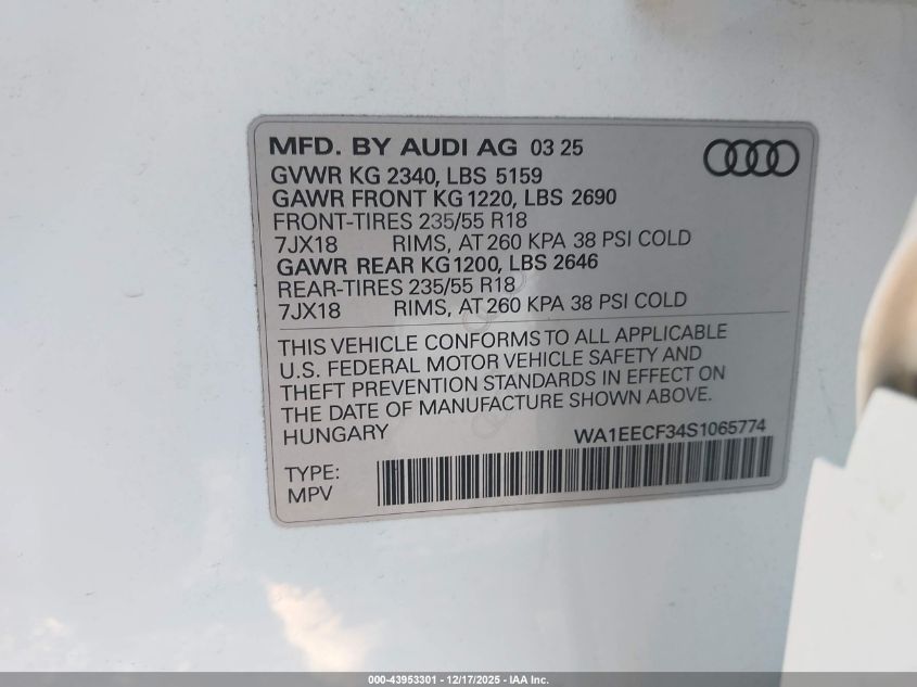 2025 Audi Q3 Premium 45 Tfsi S Line Quattro Tiptronic VIN: WA1EECF34S1065774 Lot: 43953301