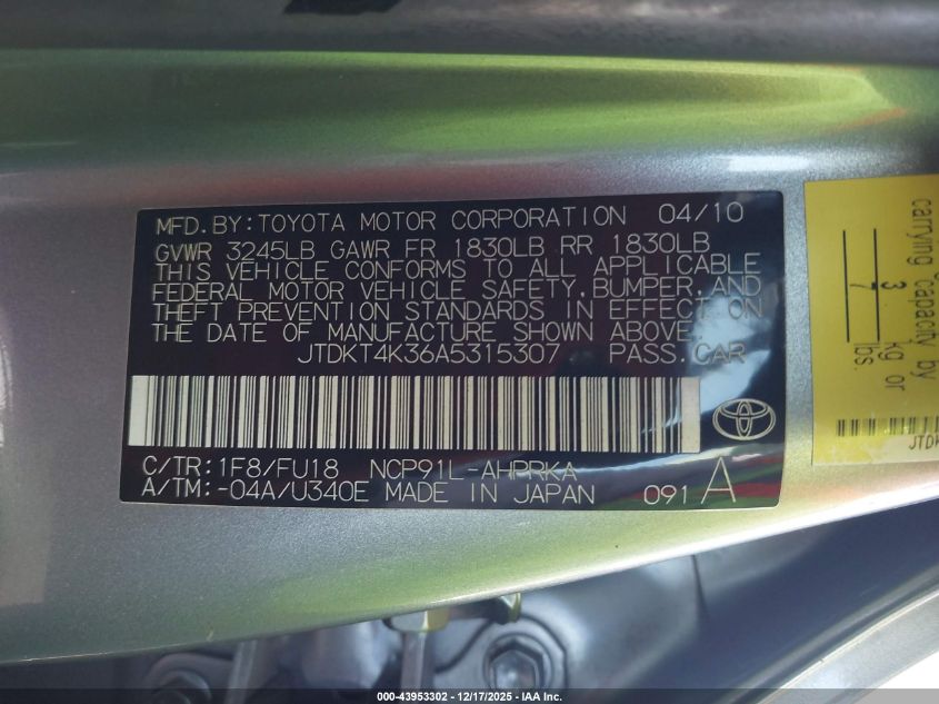 2010 Toyota Yaris VIN: JTDKT4K36A5315307 Lot: 43953302