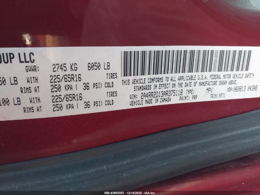 2010 Chrysler Town & Country New Lx VIN: 2A4RR2D13AR375118 Lot: 43953303