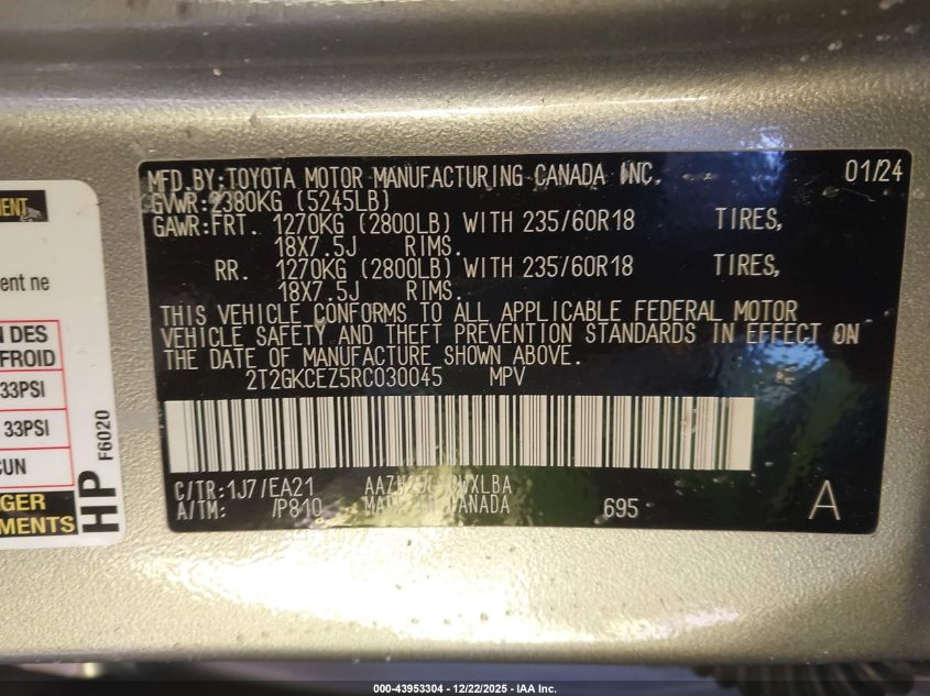 2024 Lexus Nx 350H Premium VIN: 2T2GKCEZ5RC030045 Lot: 43953304