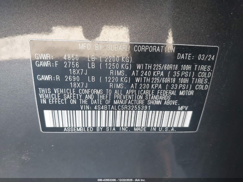 2024 Subaru Outback Onyx Edition VIN: 4S4BTALC5R3255391 Lot: 43953306