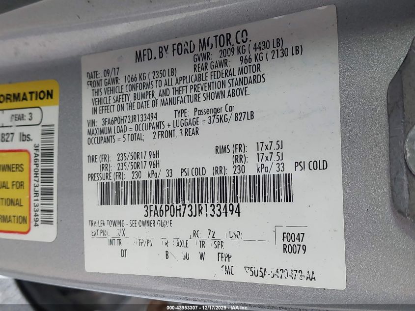 2018 Ford Fusion Se VIN: 3FA6P0H73JR133494 Lot: 43953307