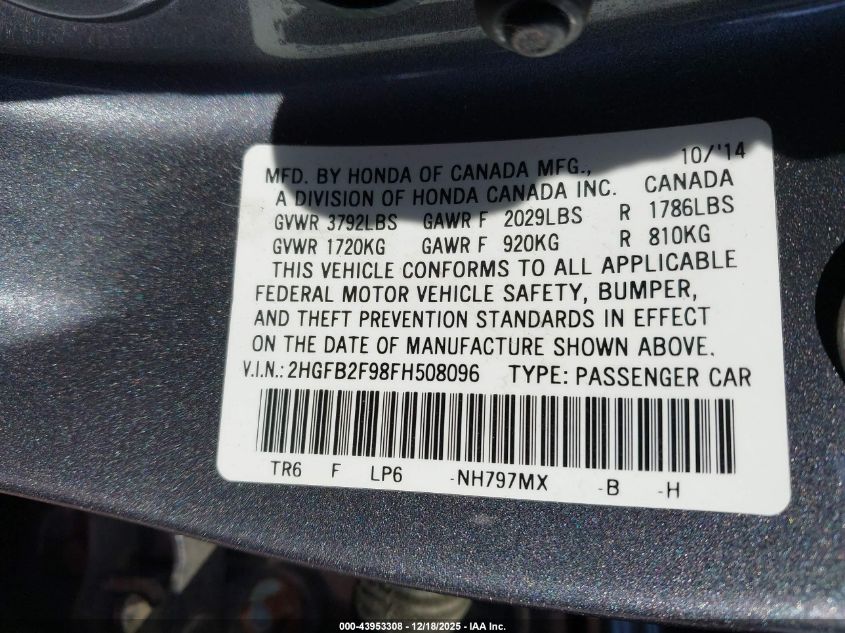 2015 Honda Civic Ex-L VIN: 2HGFB2F98FH508096 Lot: 43953308