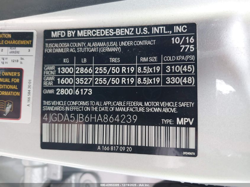 2017 Mercedes-Benz Gle 350 VIN: 4JGDA5JB6HA864239 Lot: 43953309