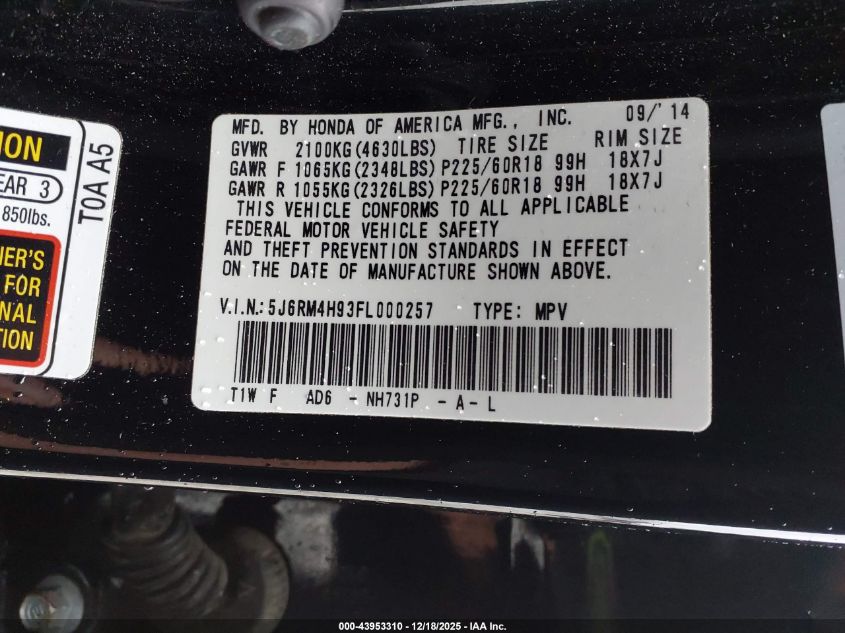 2015 Honda Cr-V Touring VIN: 5J6RM4H93FL000257 Lot: 43953310