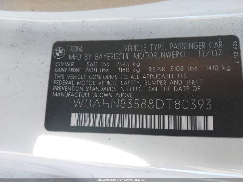 2008 BMW 750Li VIN: WBAHN83588DT80393 Lot: 43953312