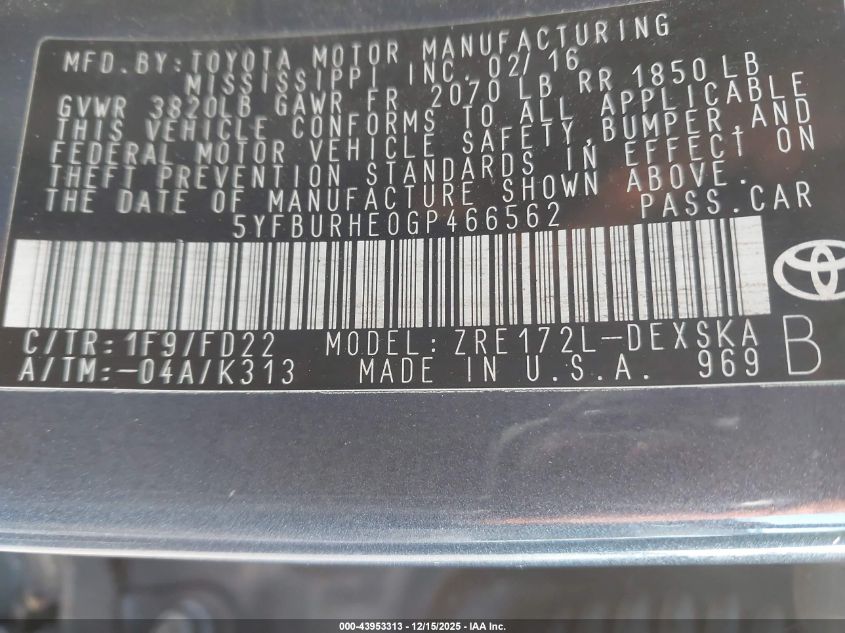 2016 Toyota Corolla S Plus VIN: 5YFBURHE0GP466562 Lot: 43953313