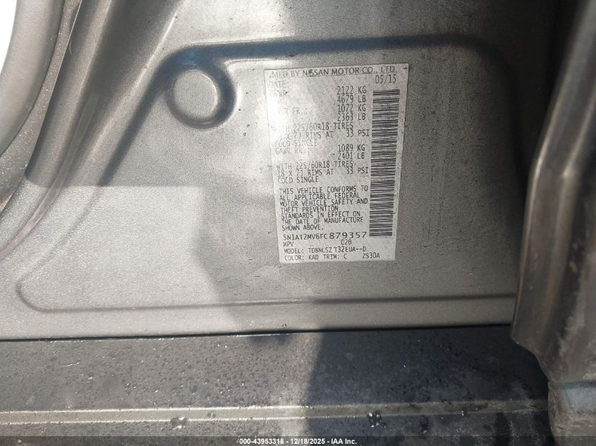 2015 Nissan Rogue Sl VIN: 5N1AT2MV6FC879357 Lot: 43953318