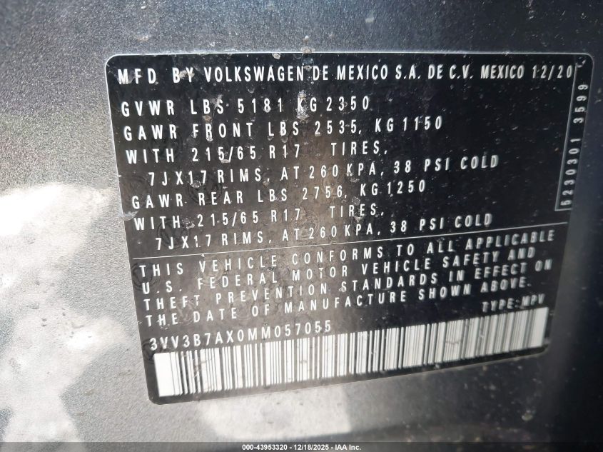 2021 Volkswagen Tiguan 2.0T Se/2.0T Se R-Line Black/2.0T Sel VIN: 3VV3B7AX0MM057055 Lot: 43953320